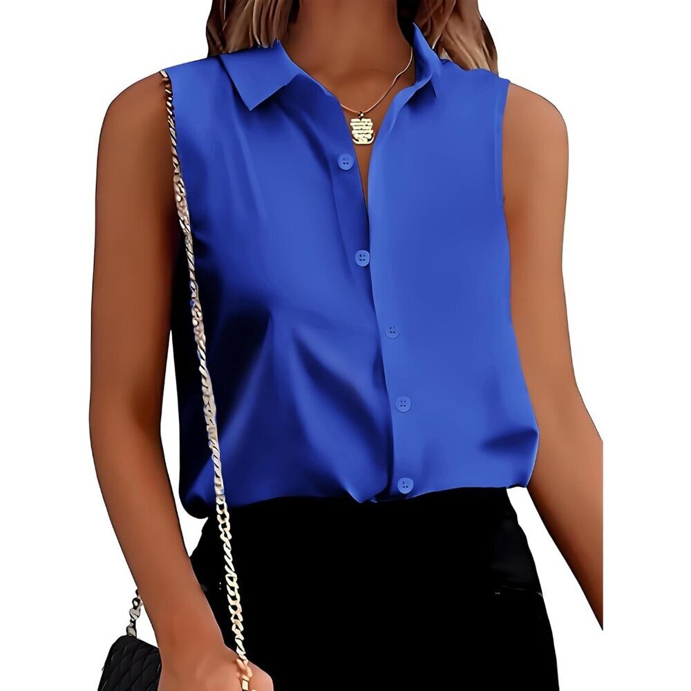 Womens Satin Sleeveless Button Down Shirt Large Casual V Neck Blouse